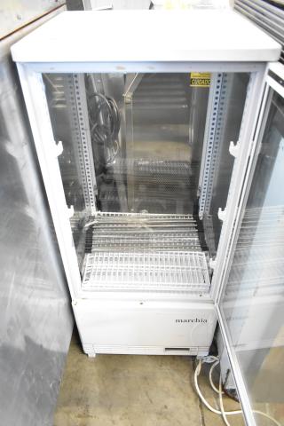 Marchia MDC78W countertop refrigerated merchandiser, glass door, white finish, visible wiring, 110-120V, 1 phase.