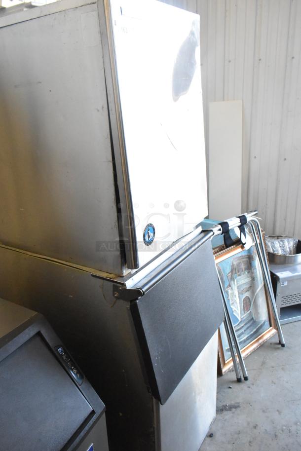 Hoshizaki KM-501MWH commercial ice machine head on bin. 115-120V, 1-phase. Stainless steel exterior, commercial use.