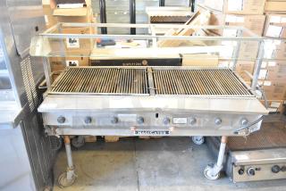 MagiCater LPAGA60 commercial propane gas portable charbroiler grill on casters, features knobs and sturdy metal construction.