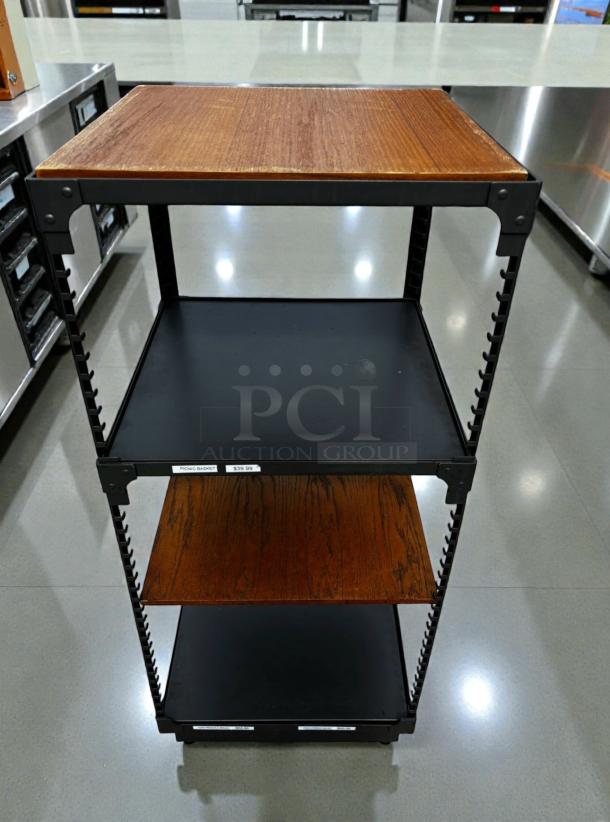 Commercial Adjustable Display Rack, heavy-duty steel, multi-shelf, like-new condition, model DISP-S-RACK-0655, retail tag visible.