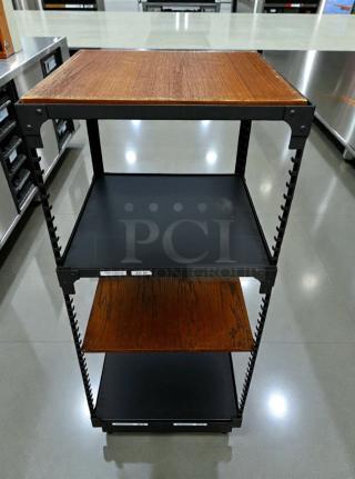 Commercial Adjustable Display Rack, heavy-duty steel, multi-shelf, like-new condition, model DISP-S-RACK-0655, retail tag visible.