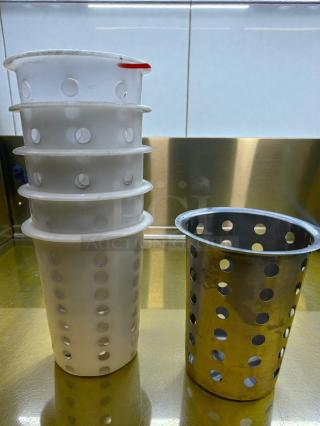 Set of 6 commercial kitchen sink drain baskets, plastic and stainless steel, prime condition, model KIT-S-SNK-0666.