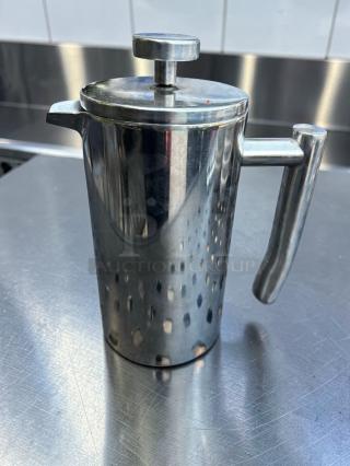 Stainless steel French press coffee maker by Commercial Café Equipment, pristine condition, model CAF-S-PRS-0669.
