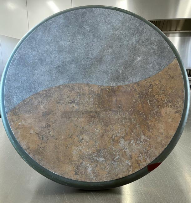 Round laminate restaurant table top, commercial-grade, earthy pattern, heavy-duty, set of 2, excellent condition.