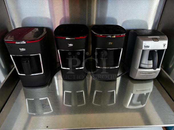 Set of 4 Beko Automatic Drip Coffee Makers, commercial-grade, elite condition, fully tested, black and silver models.