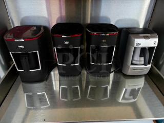 Set of 4 Beko Automatic Drip Coffee Makers, commercial-grade, elite condition, fully tested, black and silver models.