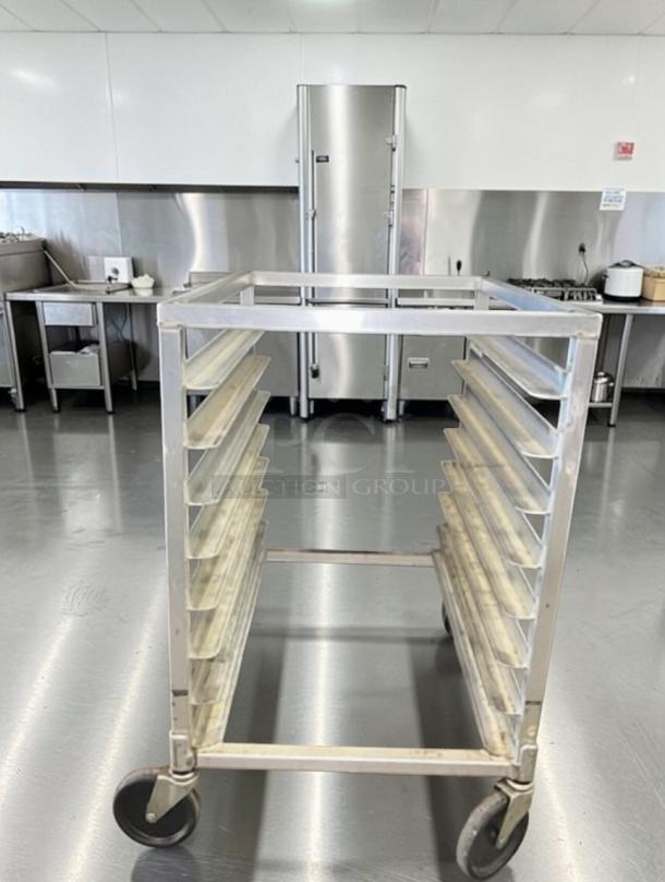 Commercial aluminum sheet pan rack cart, 10-tier, heavy-duty, mobile kitchen storage in outstanding condition, model COM-S-RACK-0682.