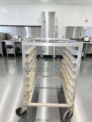 Commercial aluminum sheet pan rack cart, 10-tier, heavy-duty, mobile kitchen storage in outstanding condition, model COM-S-RACK-0682.