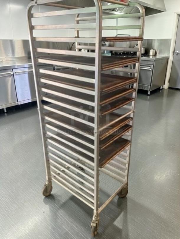 Commercial Aluminum Full Size Speed Rack with perforated trays, superior condition, heavy-duty mobile kitchen storage.