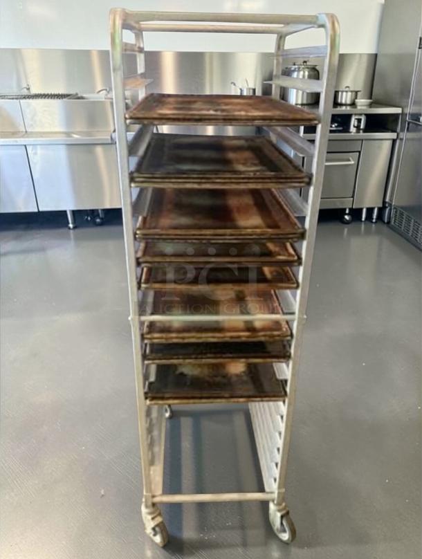 Commercial aluminum speed rack with perforated trays, full size, heavy-duty, mobile, in superior condition. Model COM-M-RACK-0683.