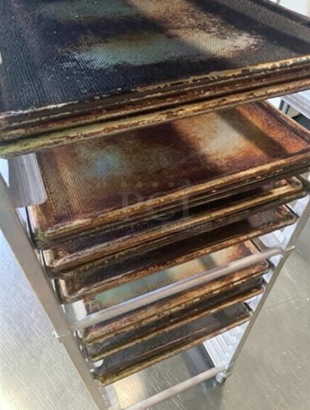 Commercial aluminum speed rack with perforated trays, full size, heavy-duty, used condition, model COM-M-RACK-0683.