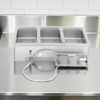 Wells MOD-327TD 3-well electric food warmer, 43" stainless steel, top-mount, fully tested, excellent condition, USA made.