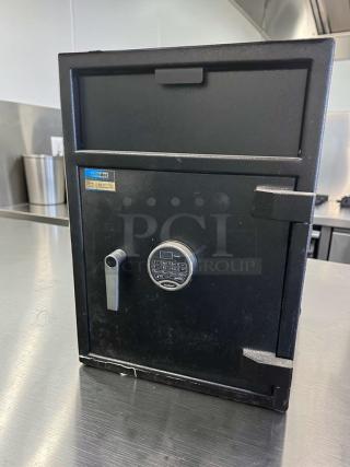 Bluedot Safes Commercial Depository Safe with SecuRam ProLogic digital lock, in exceptional condition, on stainless surface.