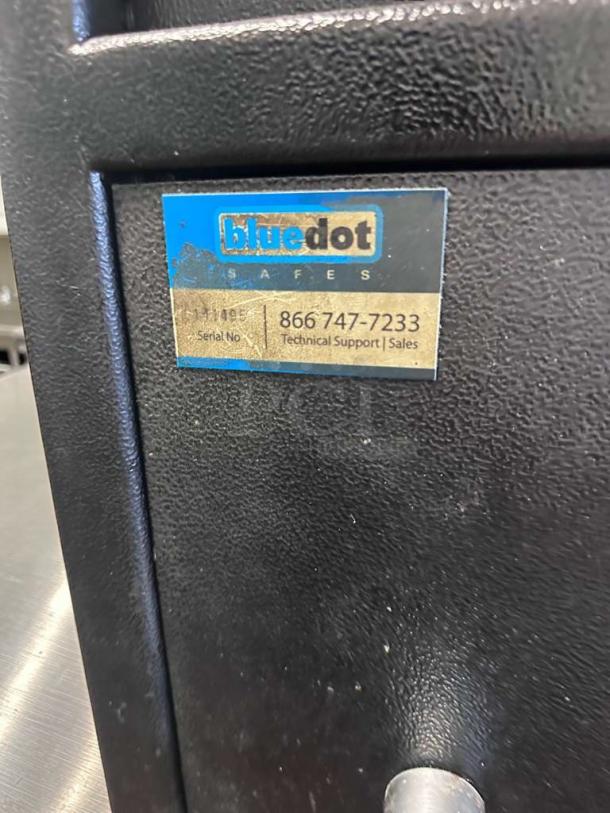 Bluedot Safes label on a Commercial Depository Drop Safe. Serial number and customer support details are visible.