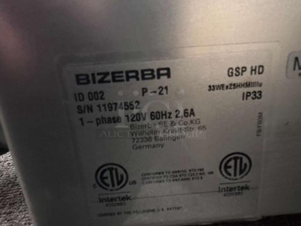 Bizerba GSP HD W-90 label showing model, serial number, 120V, 2.6A, ETL certification, and IP33 rating.