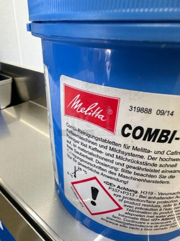 Melitta COMBI-Tabs for Melitta & Cafina systems in a blue container. Exceptional condition, model COF-S-CLNTAB-0692.