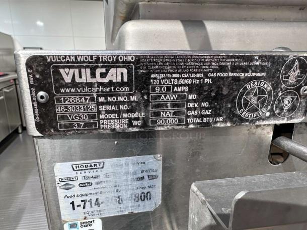 Outstanding Condition Vulcan VG30-NAT 30 Gallon Gas Tilt Skillet, 90,000 BTU, Natural Gas, Tested & Operational, Serial 46-3033125.