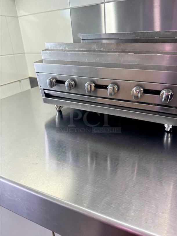 IDEAL 48" Commercial Gas Charbroiler, six burners, radiant char grill, stainless design, excellent condition, fully tested.