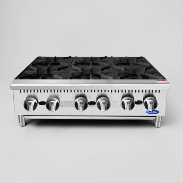 Brand new Atosa ACHP-6, 6-burner commercial gas hot plate, heavy-duty countertop range with control knobs, ideal for restaurants.