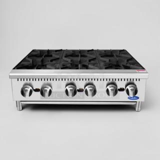 Brand new Atosa ACHP-6, 6-burner commercial gas hot plate, heavy-duty countertop range with control knobs, ideal for restaurants.