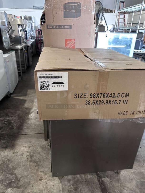 Brand new Atosa ACHP-6 gas hot plate in packaging, six burners, commercial grade, model ATO-L-HP-0696, 98x76x42.5 cm.