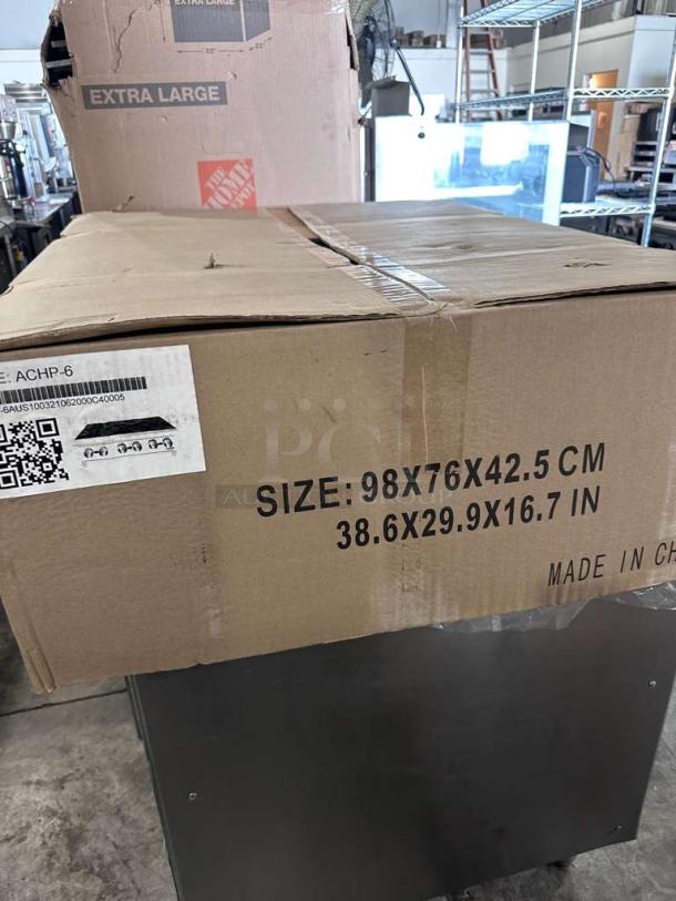 Atosa ACHP-6 commercial gas hot plate in box, dimensions 38.6x29.9x16.7 inches, heavy-duty, new condition.