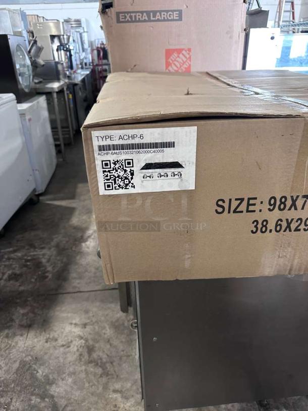 Atosa ACHP-6, 6 burner commercial gas hot plate, new in box with model and size labels visible.