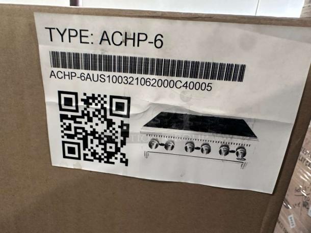 Brand new Atosa ACHP-6, 6 burner commercial gas hot plate, heavy-duty for restaurant use. Box label with QR code and barcode visible.