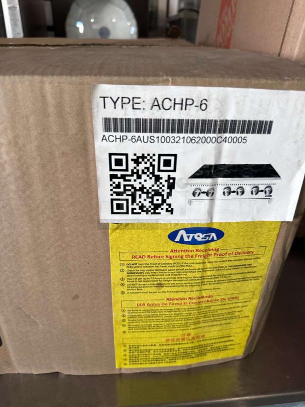 Brand new Atosa ACHP-6 6-burner gas hot plate in box. Model ACHP-6. Heavy-duty restaurant cooking equipment.