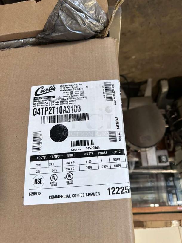 Brand new Curtis G4 ThermoPro Twin Coffee Brewer box, model G4TP2T10A3100. Includes detailed specifications label.