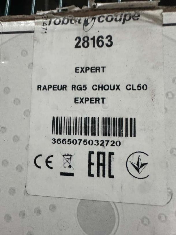 Brand new Robot Coupe 28163 RG5 Grating Disc for commercial food processors, model CL50. Box shows labels and markings.