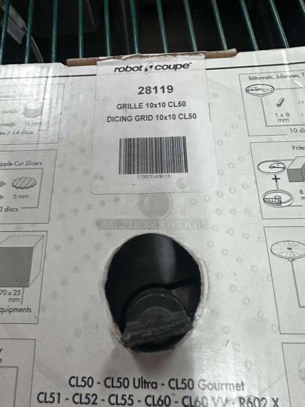 Brand new Robot Coupe 28119, 10x10 mm dicing grid for CL50, commercial food processor attachment, boxed with label.