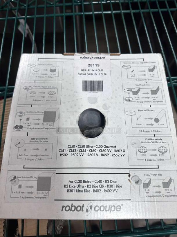 Brand New Robot Coupe 28119 dicing grid for food processors, 10x10 mm size, compatible with multiple models, in original packaging.