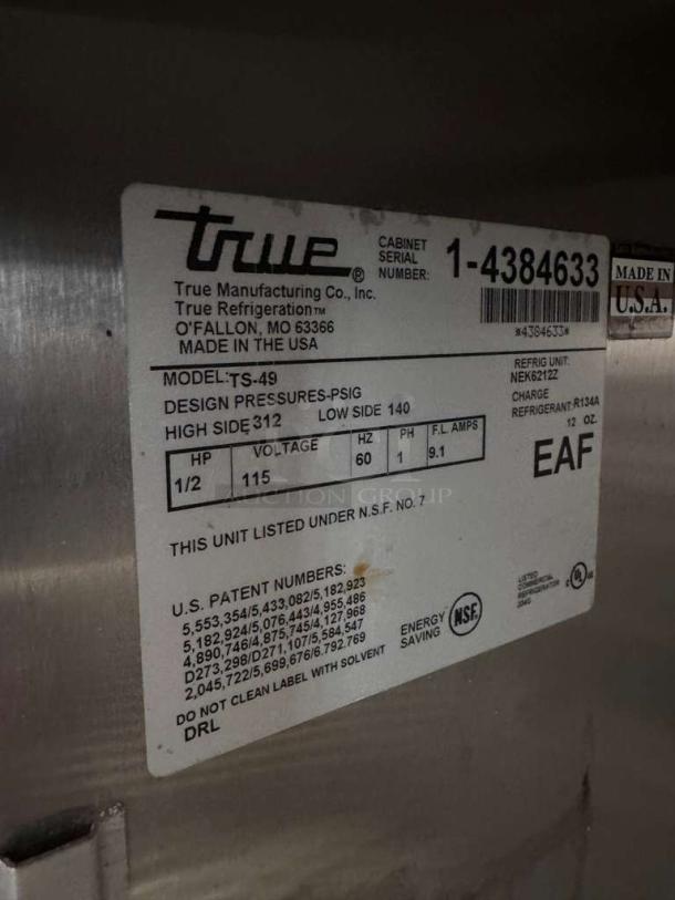 True TS-49 commercial two-door reach-in refrigerator tag. Features 115V, NSF & UL listed, model TS-49. Made in USA.