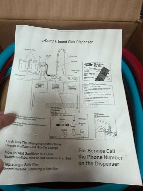 Brand new SinkRite SSDC 3-Compartment Sink Dispenser with repair guides; NSF certified, pristine condition.