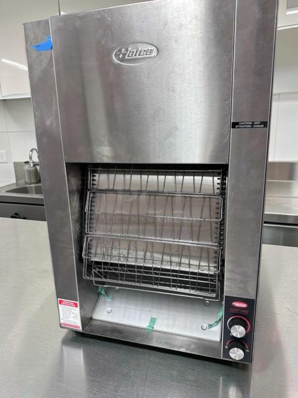 Brand new Hatco Toast-King TK-100 commercial toaster, vertical conveyor, 1 1/4" capacity, 240V, NSF & UL listed, stainless steel.