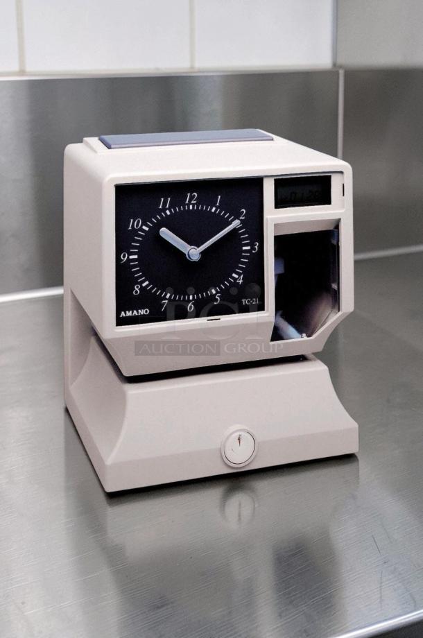 Elite Condition Amano TCX-11 time recorder clock, analog time stamp system, UL Listed, fully tested, by Amano Cincinnati, USA.