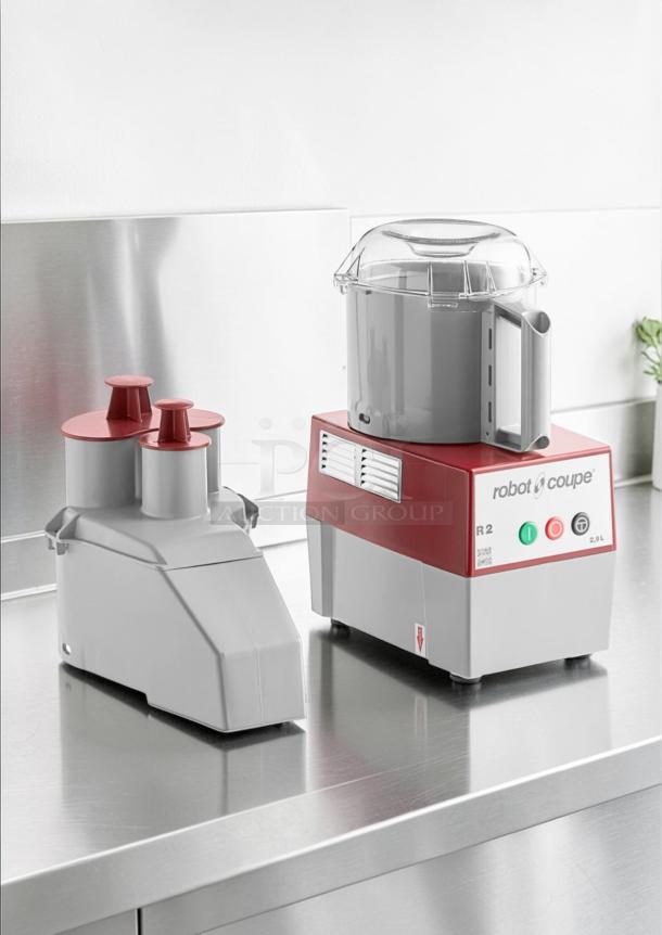 Brand new Robot Coupe R2 commercial food processor with 2.9 qt bowl, vegetable prep attachment, NSF & UL listed, original packaging.