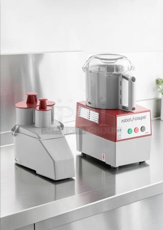 Brand new Robot Coupe R2 commercial food processor with 2.9 qt bowl, vegetable prep attachment, NSF & UL listed, original packaging.