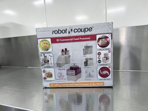 Brand new Robot Coupe R2 food processor in box, 2.9 qt bowl, veg prep attachment, NSF & UL listed, commercial use.
