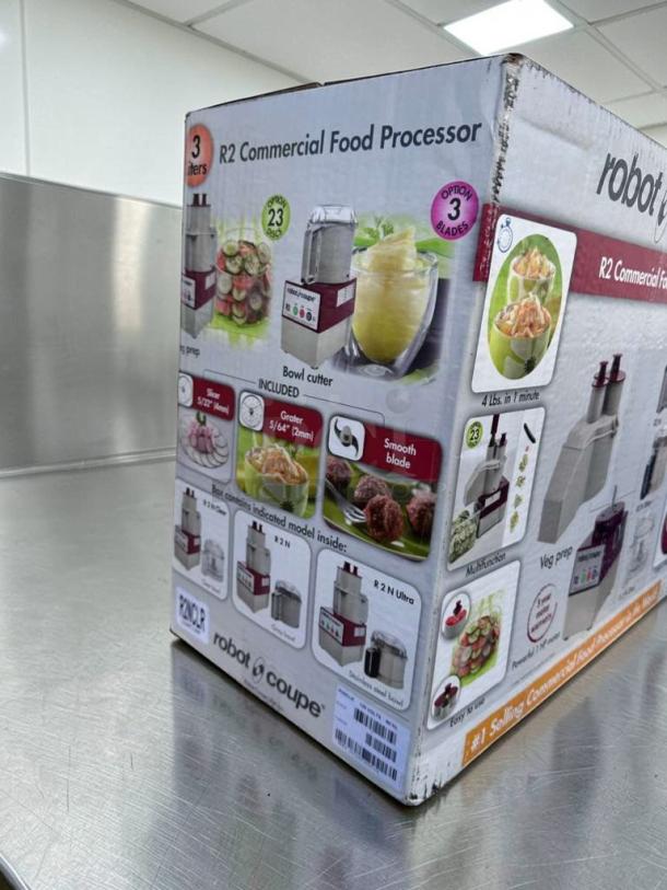 Brand new Robot Coupe R2 commercial food processor, 2.9 Qt bowl, vegetable prep attachment, NSF & UL listed, in box.