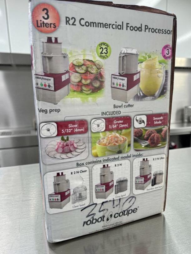 Brand new Robot Coupe R2 food processor, 2.9 qt bowl, veg prep attachment, 3 blades, UL & NSF listed, in original box.