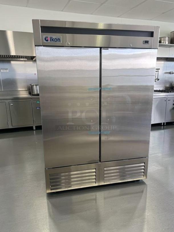 Brand new Ikon IB54F commercial double door reach-in freezer, 54-inch, R290 refrigerant, ETL & NSF listed, stainless steel.