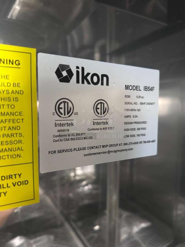 Ikon IB54F commercial freezer label showing ETL and NSF certifications, R290 refrigerant, and model details.
