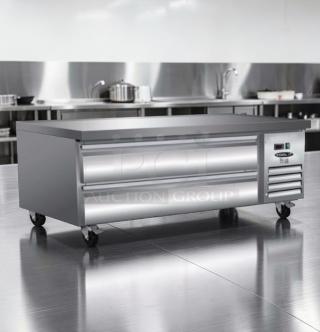 Brand new Ikon ICBR-62 commercial chef base refrigerator, stainless steel, 62 in, by MVP Group, refrigerated equipment stand.