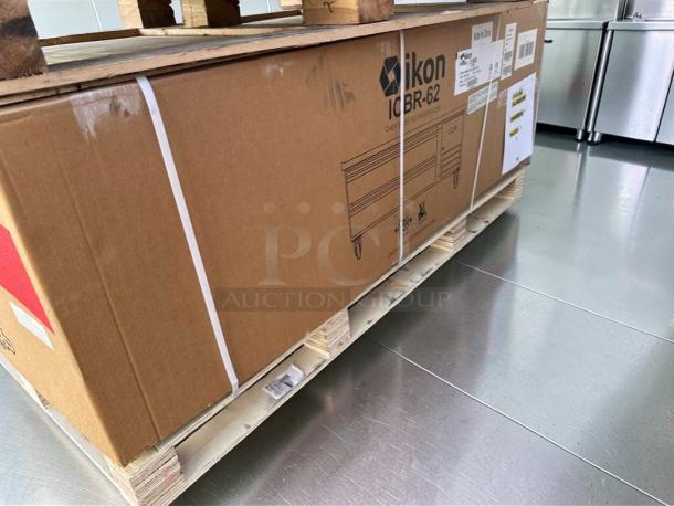 Brand new Ikon ICBR-62 commercial chef base refrigerator in box. Stainless steel, model ICBR-62, by MVP Group Corp.
