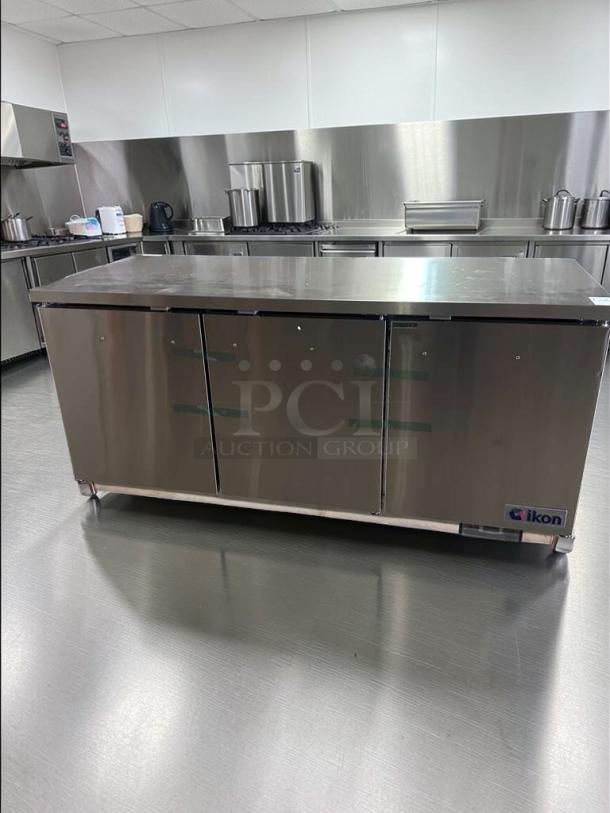 Brand new Ikon IUC72R commercial undercounter refrigerator, 72" stainless steel, 3-door, ETL & NSF listed, pristine condition.