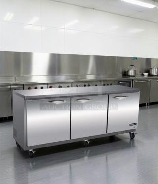 Brand new Ikon IUC72F commercial undercounter freezer with stainless steel 72-inch 3-door worktop. ETL & NSF listed.