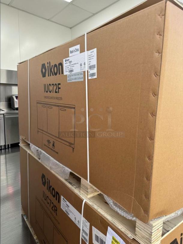 Brand new Ikon IUC72F commercial undercounter freezer, stainless steel, 72 in, 3 doors, ETL & NSF listed, boxed.
