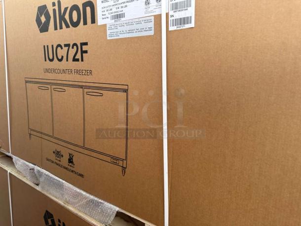 Cardboard box of a brand new Ikon IUC72F undercounter freezer. Features model details, ETL & NSF listing.